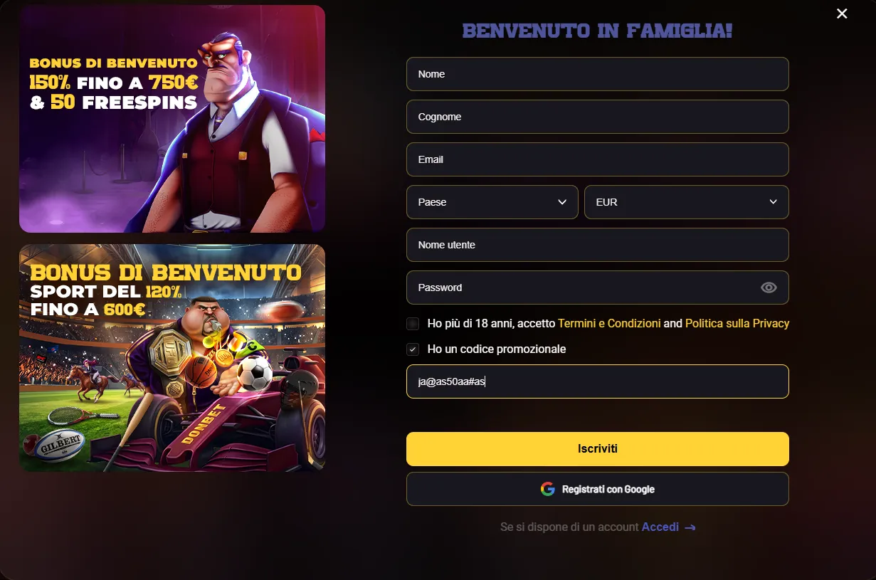 Modulo di registrazione Donbet con il campo codice promozionale
