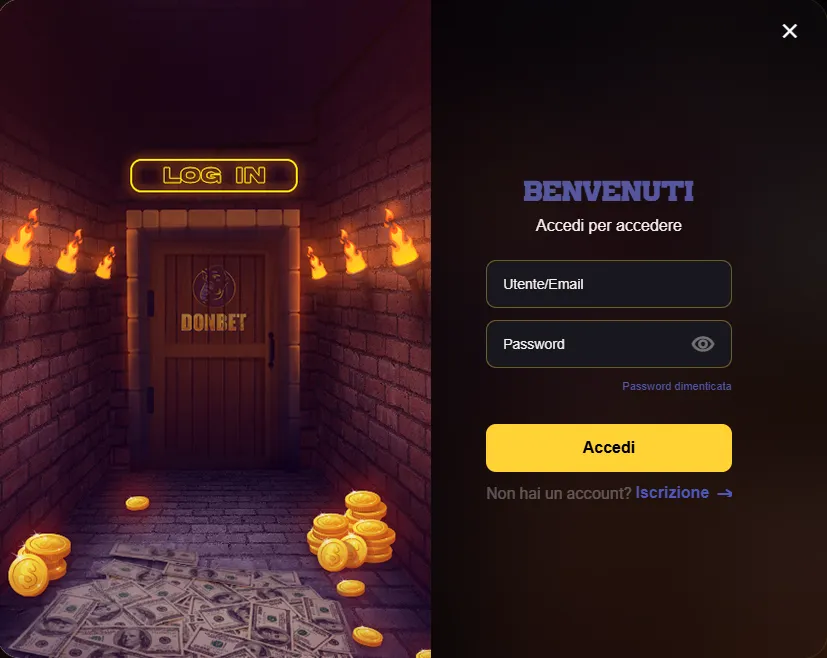 Finestra di login Donbet con username e password