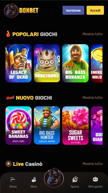 Lobby mobile di Donbet casino su smartphone