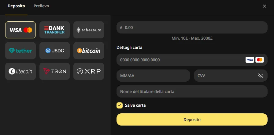 Cassa Donbet: deposito con carta e criptovalute